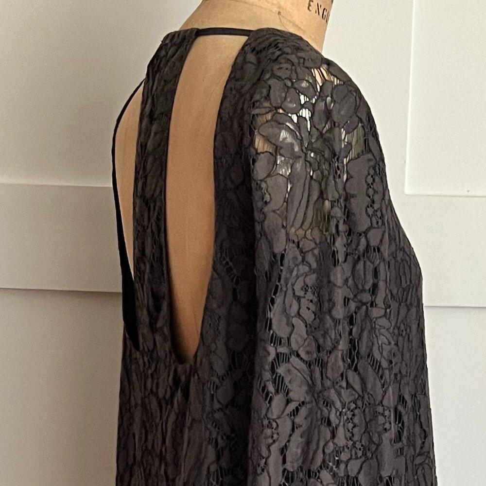 Charcoal Gray Lace Cocktail Dress Size XS, Low Back, Scoop Neck, Bell Sleeve